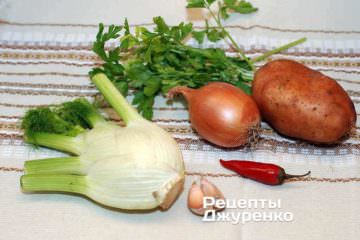 Інгредієнти: морська риба, креветки, фенхель, цибулю, картоплю, часник, гострий перець, петрушка, оливкова олія, вино, спеції, багет Інгредієнти: морська риба, креветки, фенхель, цибулю, картоплю, часник, гострий перець, петрушка, оливкова олія, вино, спеції, багет