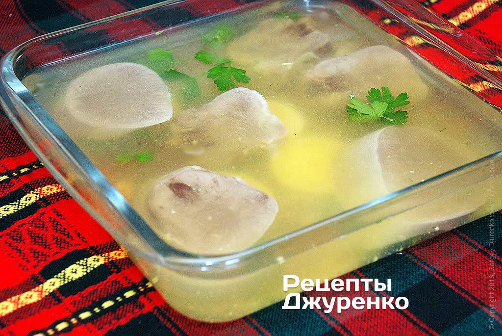 Залити скибочки язика бульйоном з желатином.