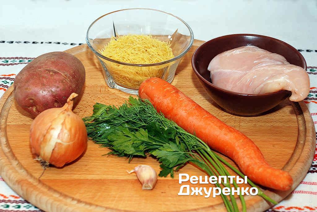Куряче філе і овочі для курячого супу.