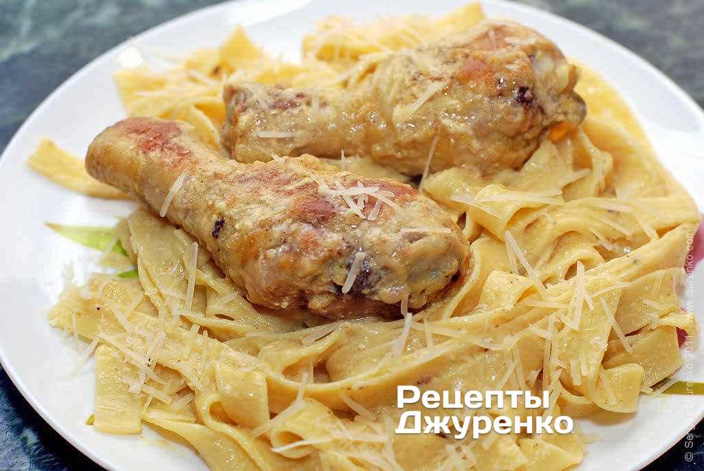 Карбонара с курицей, грибами и сливками