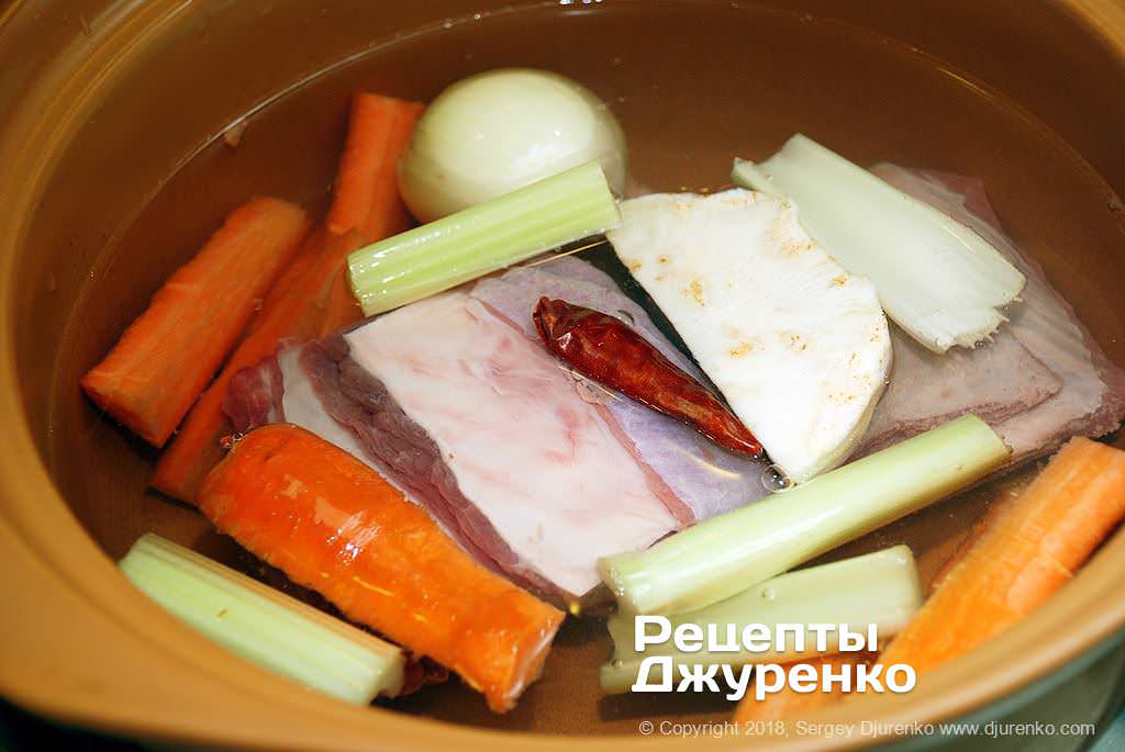 Мясо и овощи для бульона.