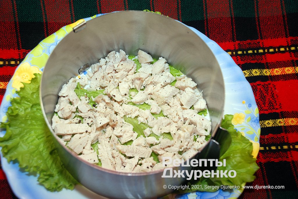 Первым слоем уложить нарезанное куриное филе.