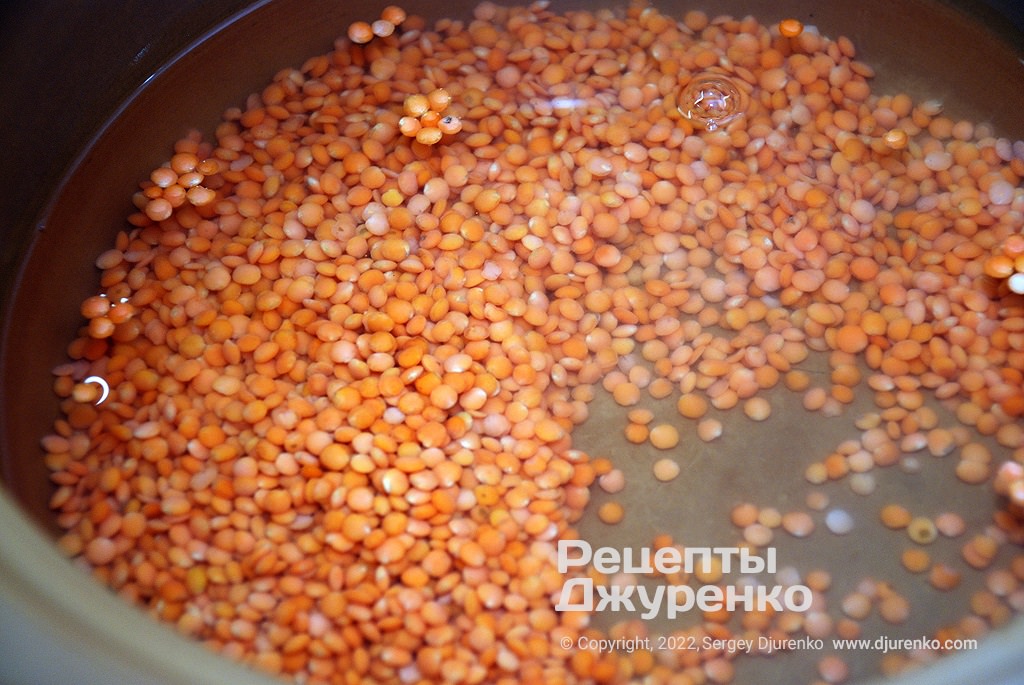 Залить чечевицу водой и довести до кипения.