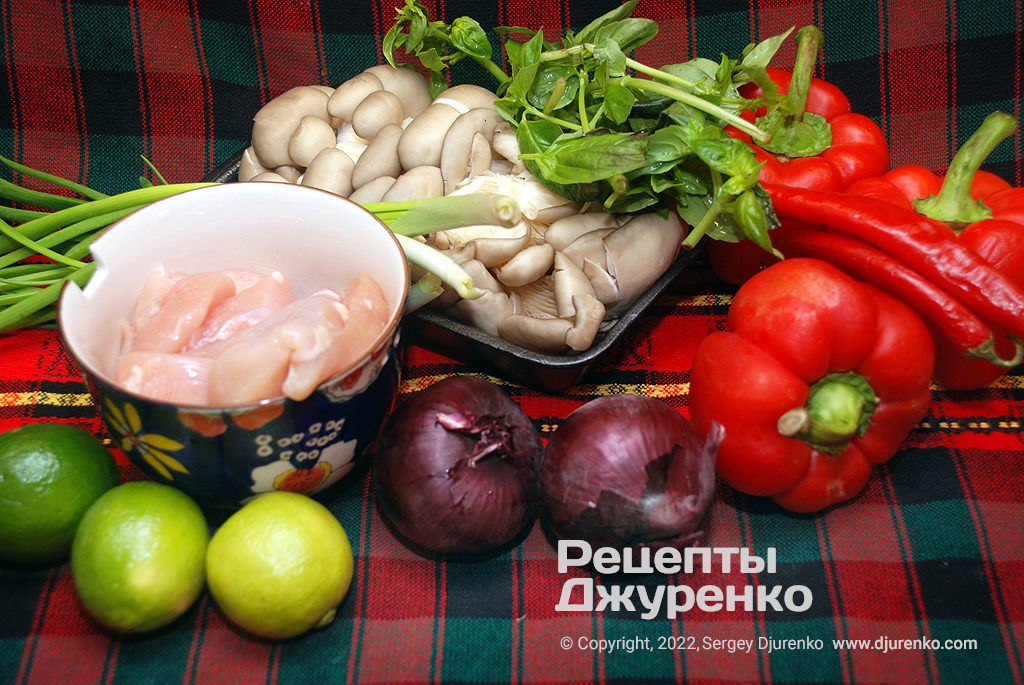 Куриное филе, грибы и овощи для блюда.