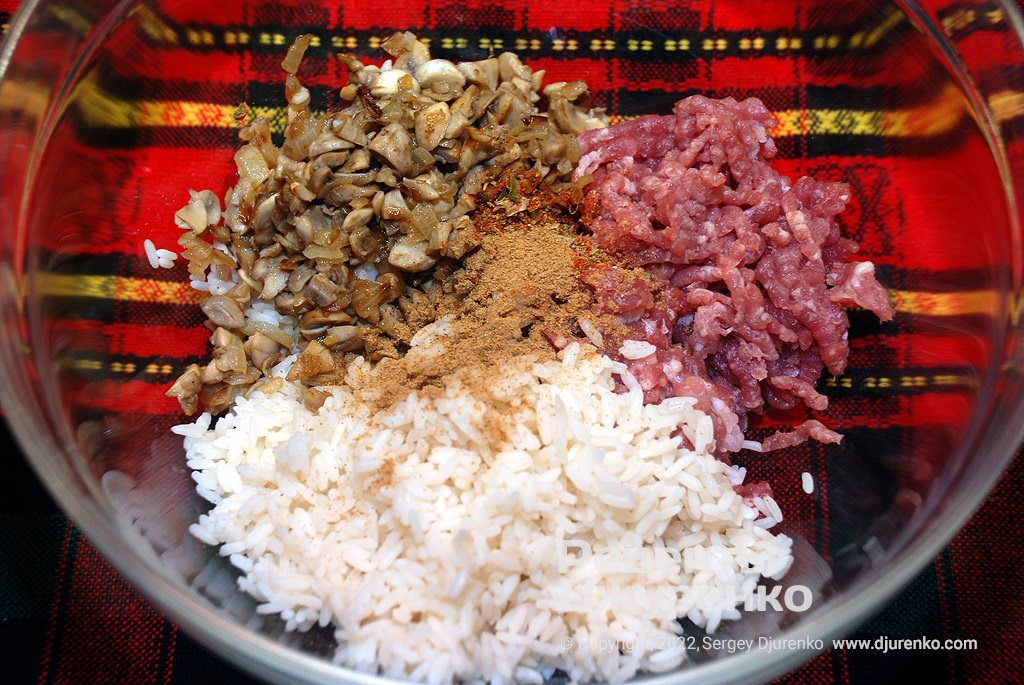 Соединить в миске рис, свинину, грибы и специи.