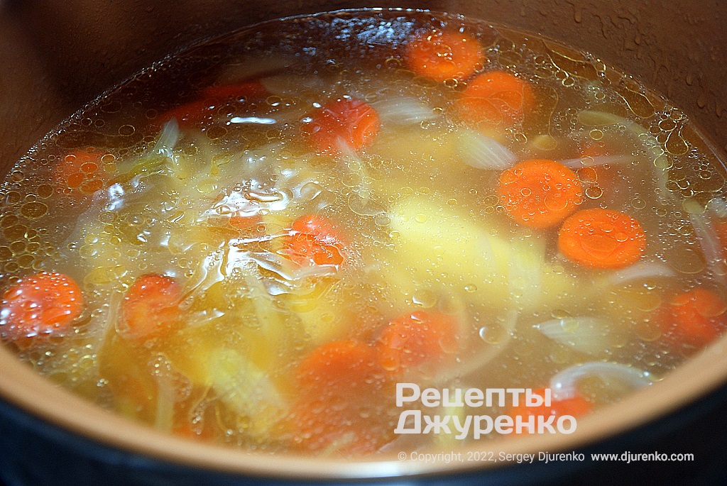 Добавить в суп подготовленные овощи и варить их до готовности.