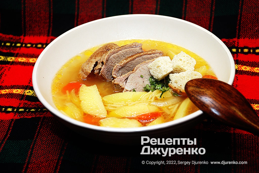 Суп из утки на наваристом бульоне с мелкой вермишелью и овощами