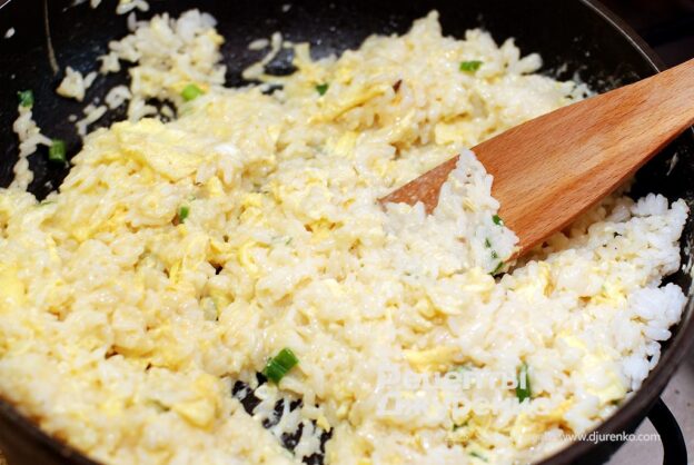 The rice and eggs need stirring while frying.